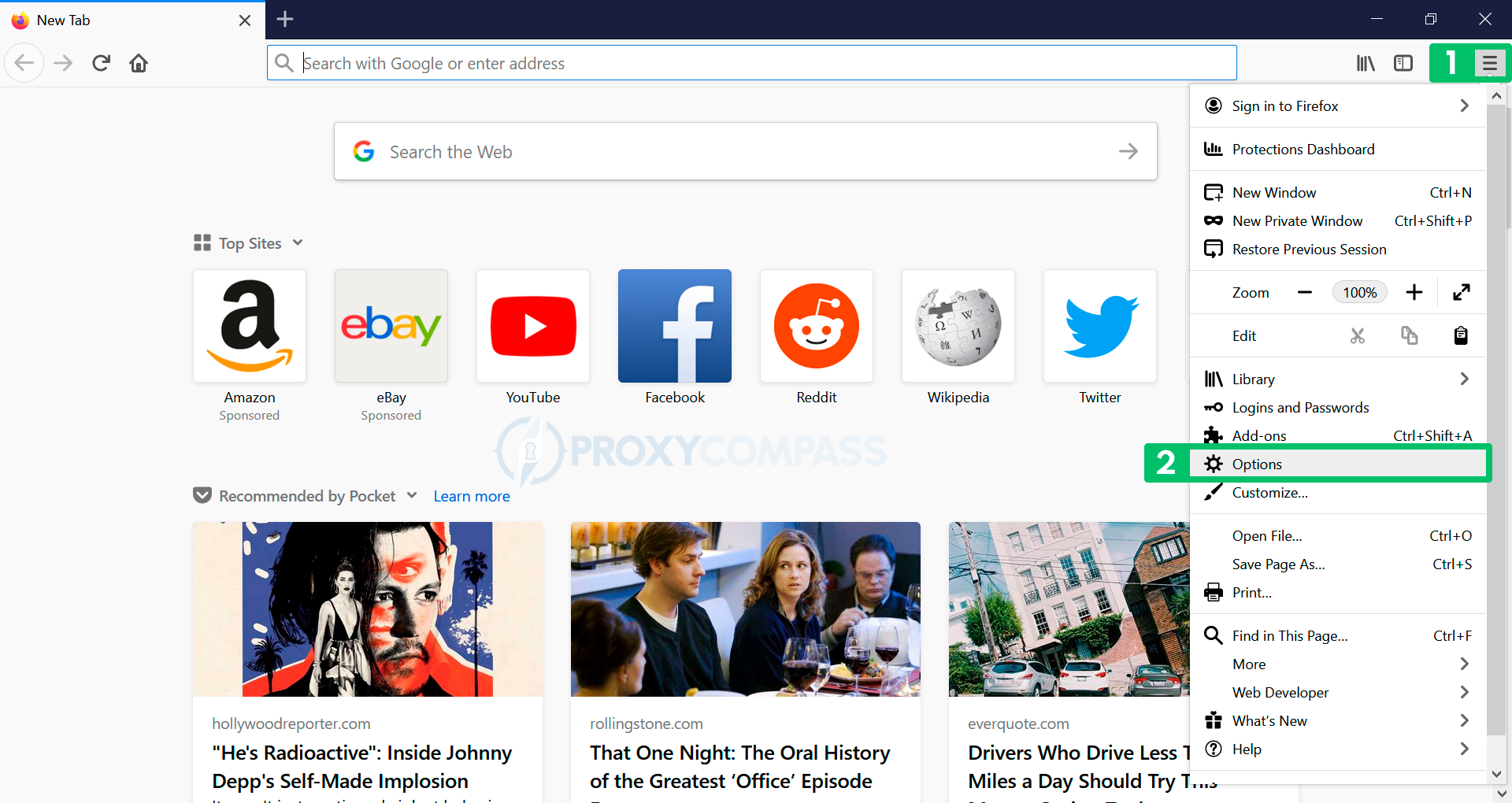 Mozilla Firefox の HTTP プロキシ。ブラウザの設定メニューを開きます