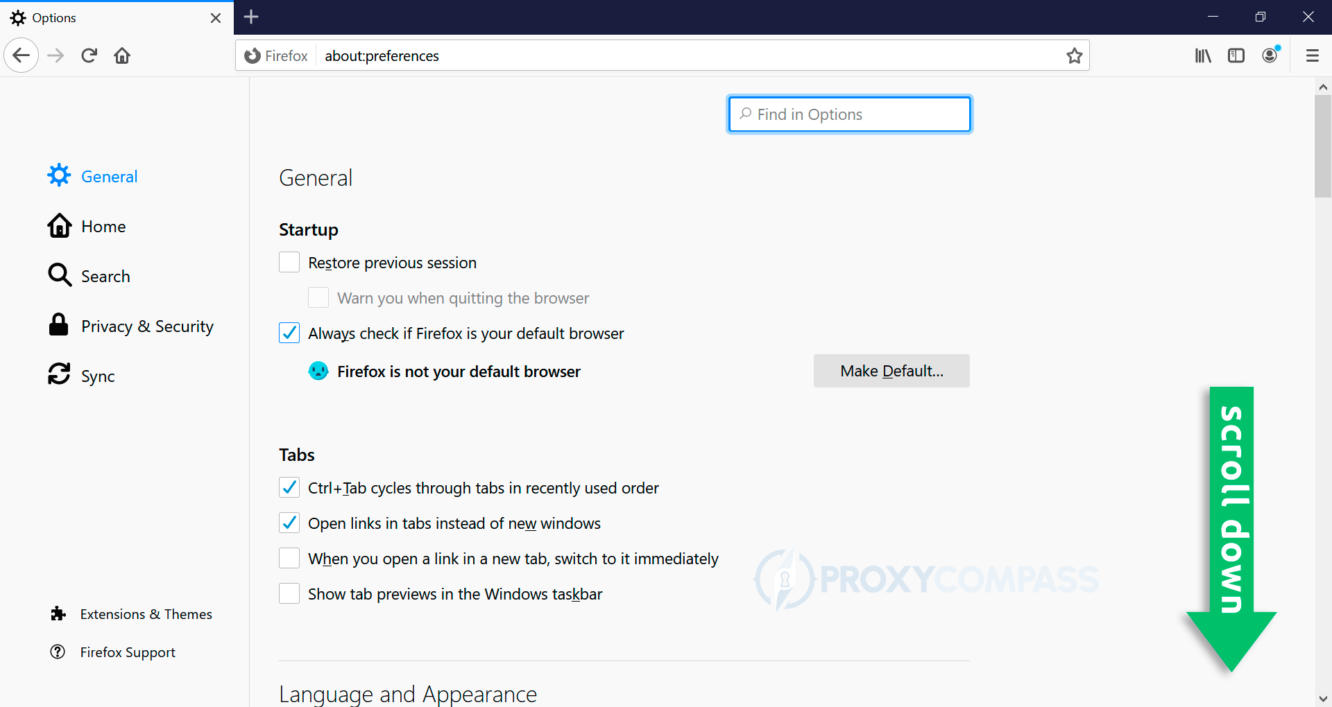 Mozilla Firefox の HTTP プロキシ。ページを下にスクロールします