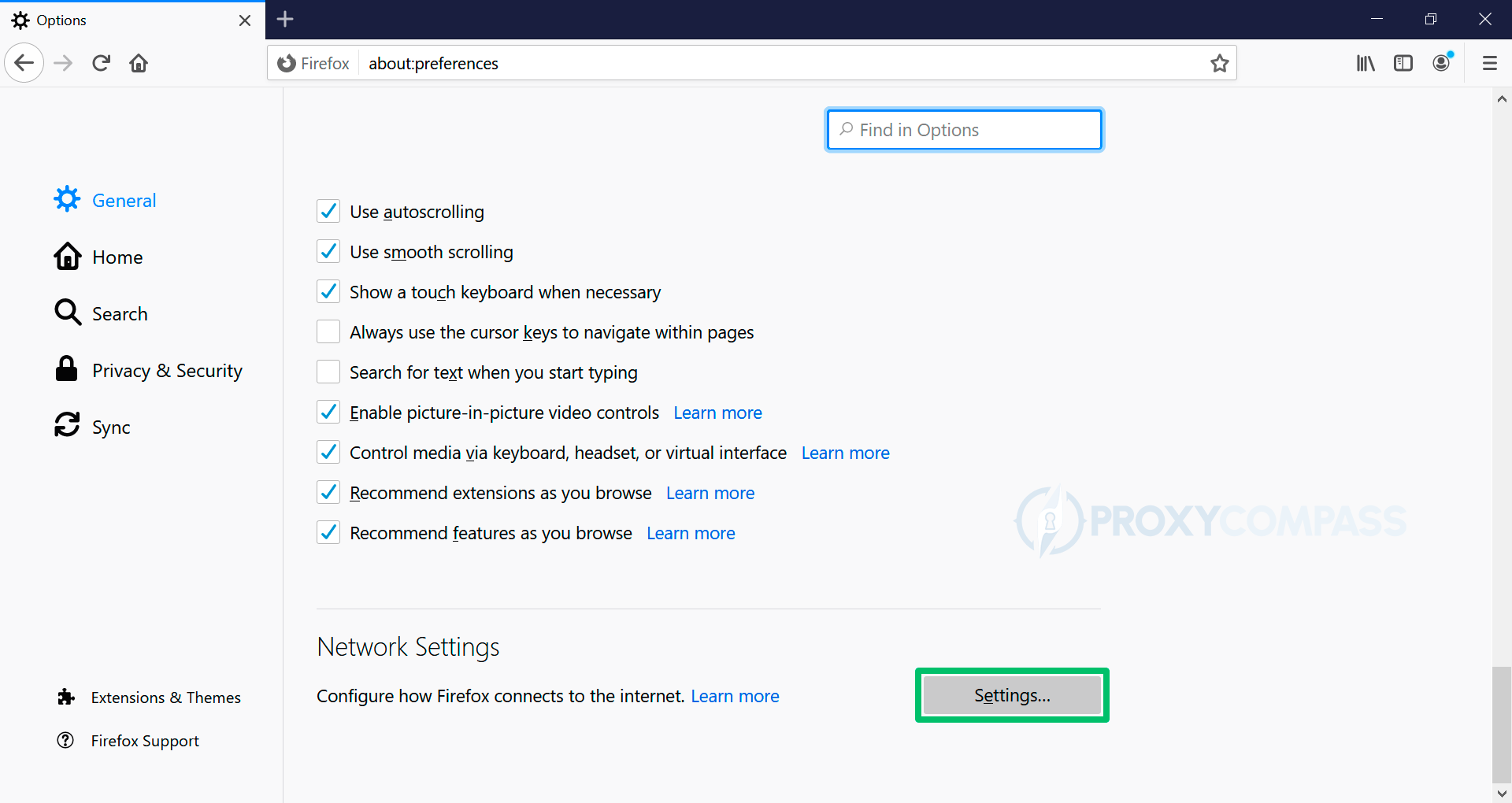 Mozilla Firefox の HTTP プロキシ。接続設定を開く