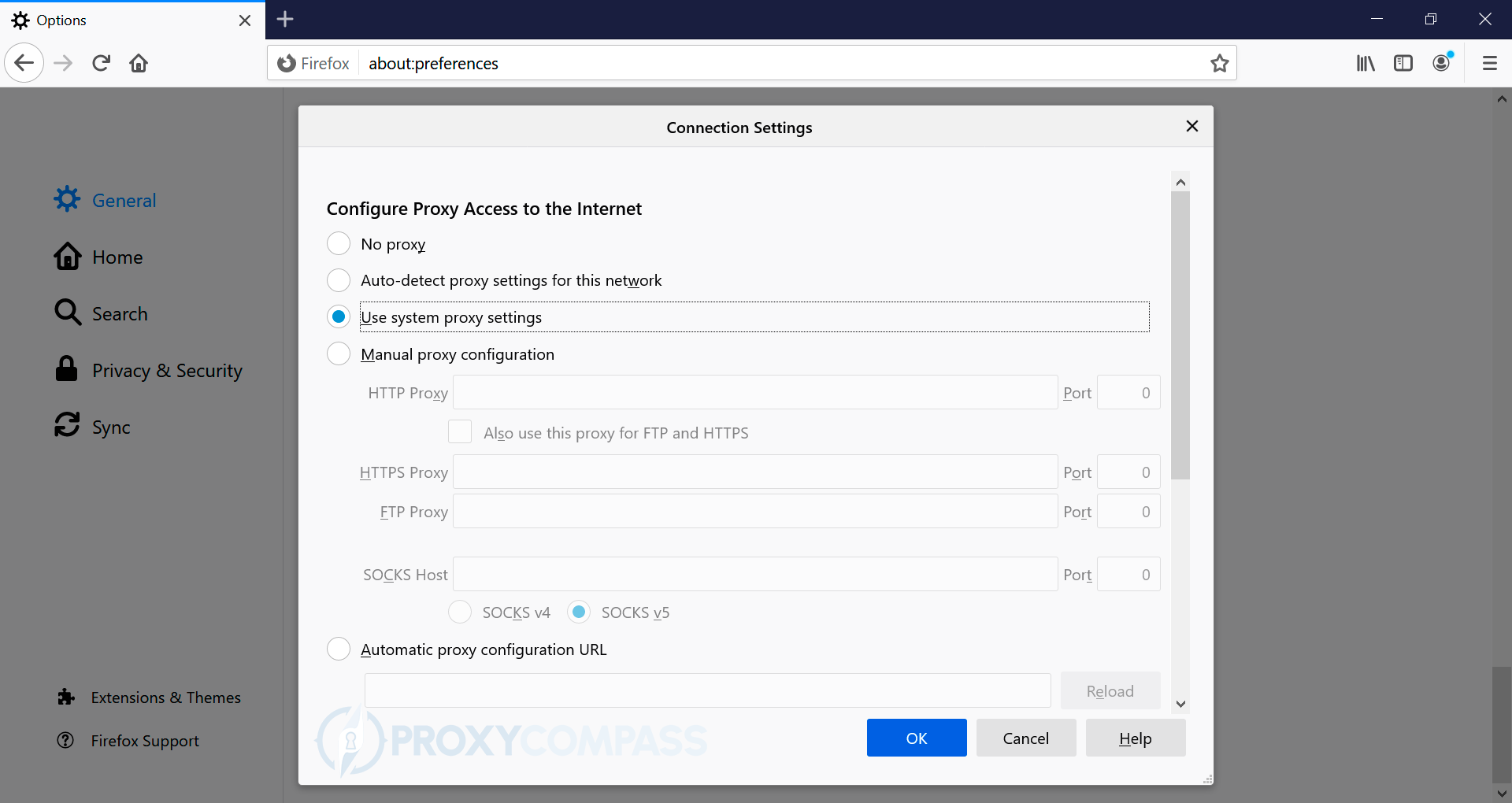 Mozilla Firefox の HTTP プロキシ。手動プロキシ構成を有効にする