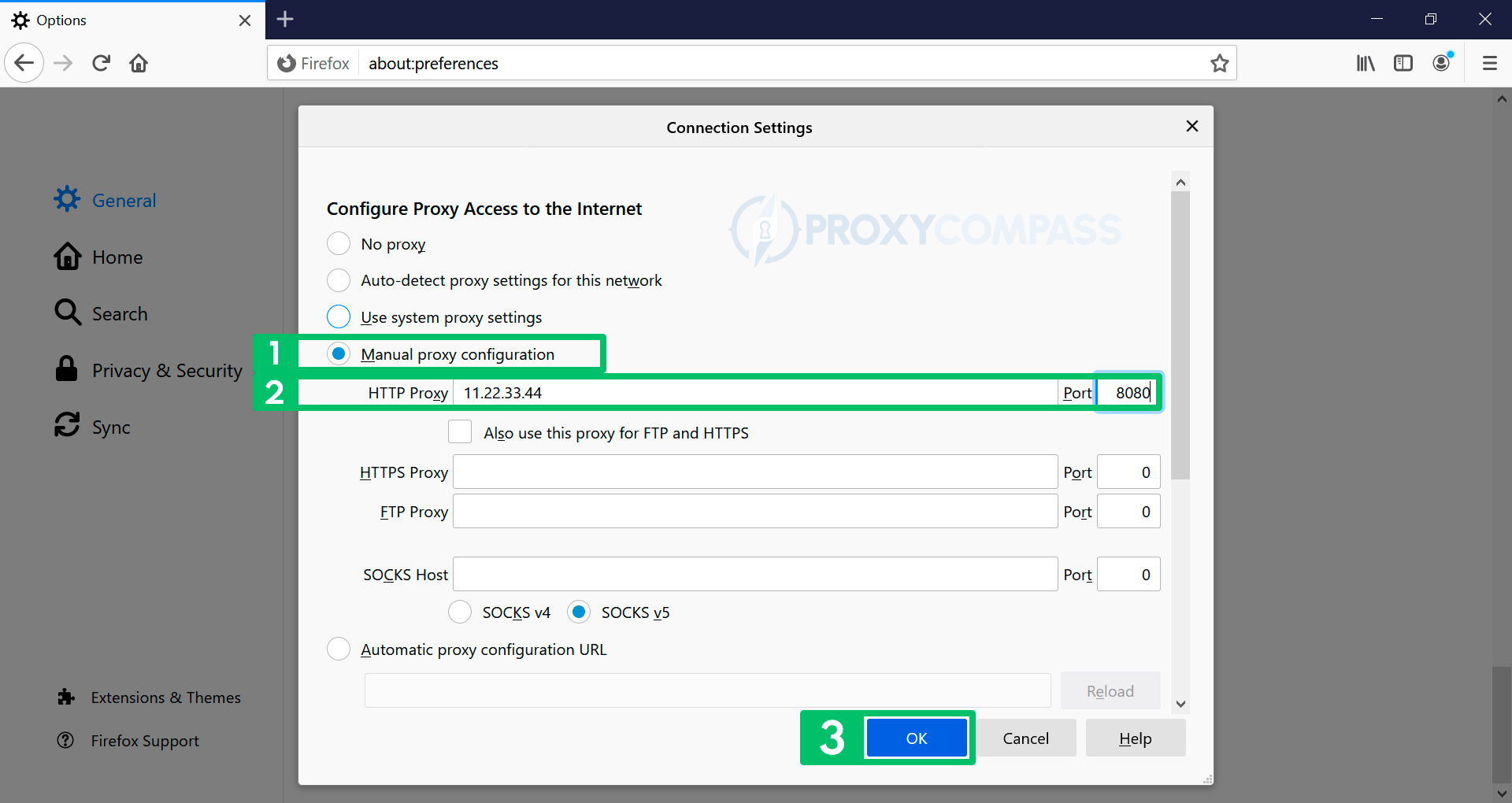 Mozilla Firefox の HTTP プロキシ。 HTTP プロキシの IP アドレスとポートを入力します。