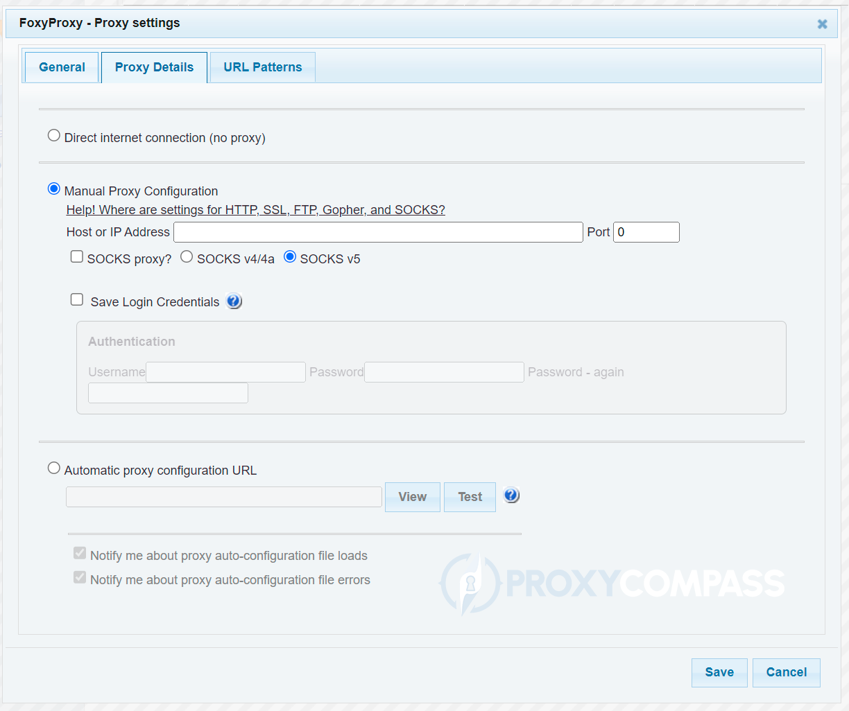 Visualizzazione della finestra delle impostazioni predefinite del nuovo proxy