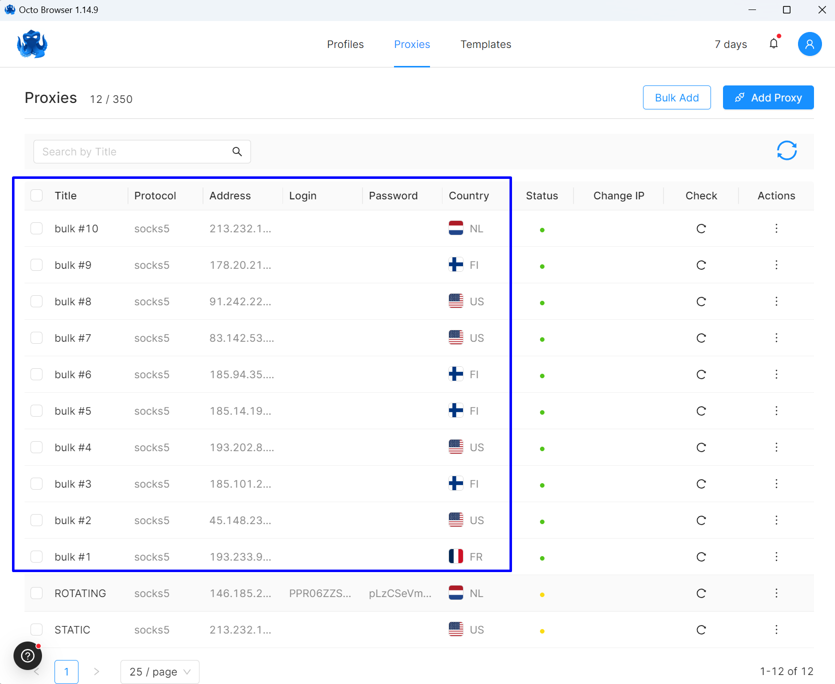 Octobrowser-Bulk-Proxys hinzugefügt