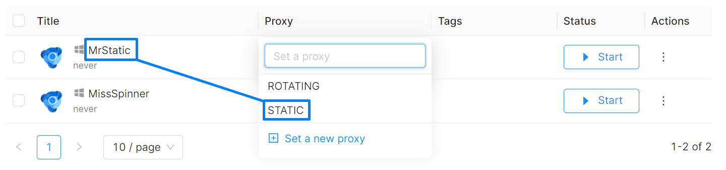 Octobrowser weist einen statischen Proxy zu