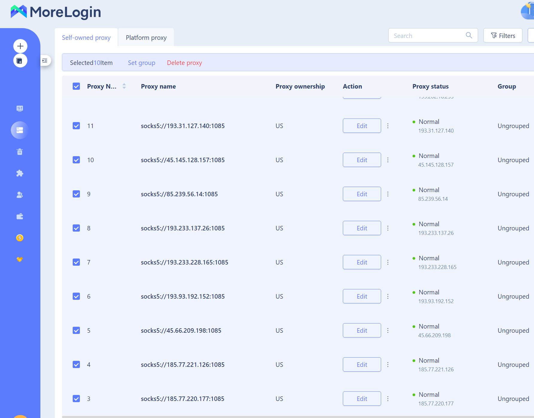 morelogin Результаты добавления прокси
