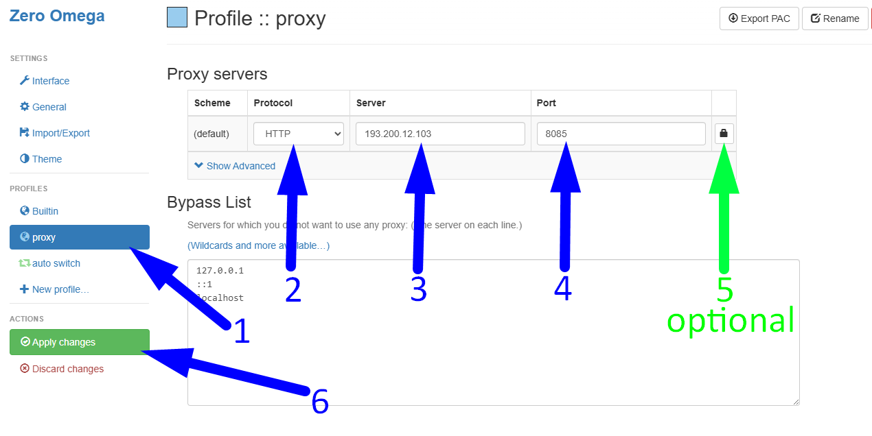 Tela de configurações de proxy ZeroOmega com protocolo selecionado, endereço IP, porta e ícone de autenticação