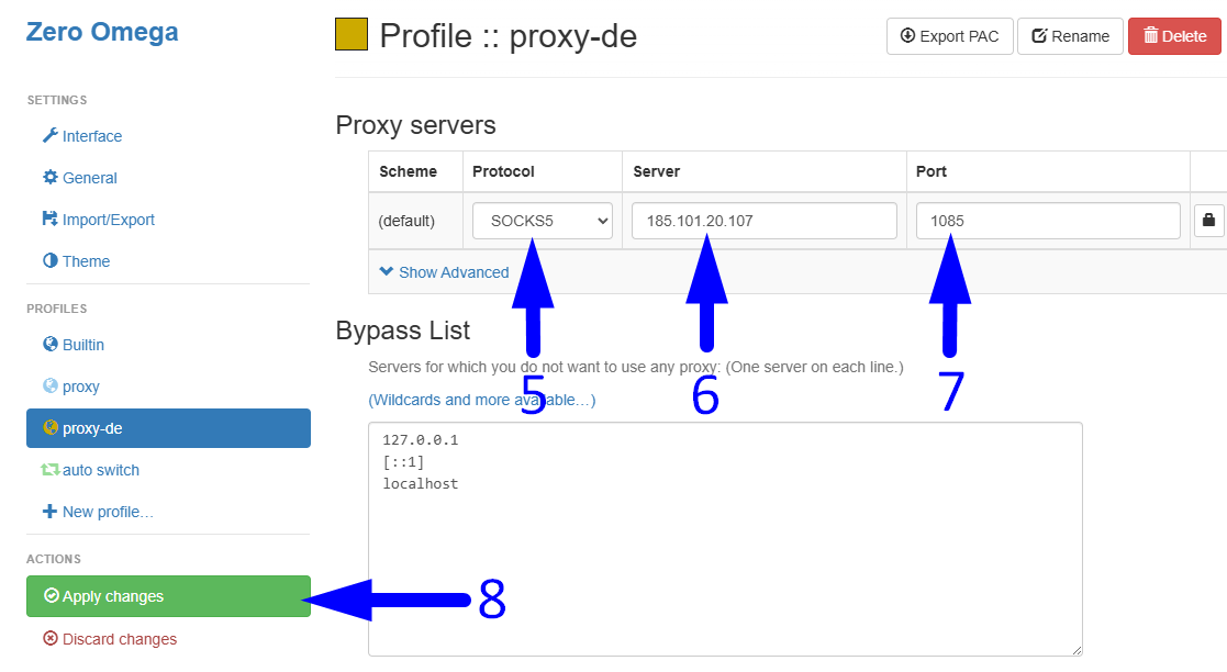 Configurando o perfil de proxy alemão — protocolo, IP do servidor e porta preenchidos, com alterações prontas para serem aplicadas.