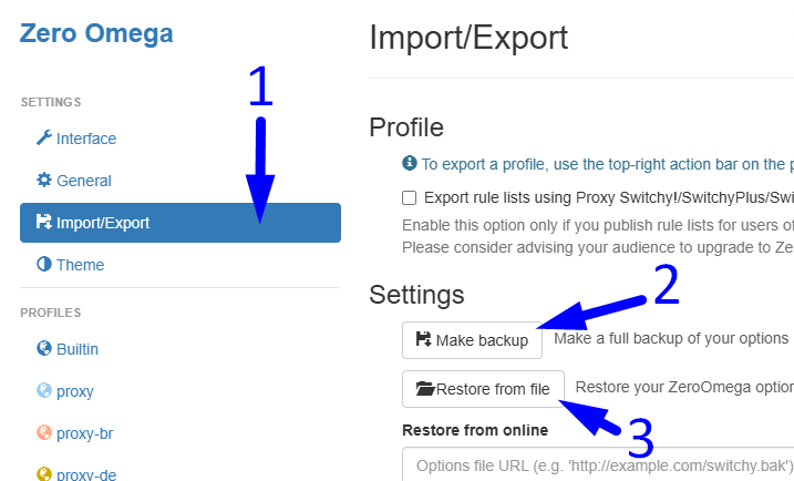 Página de importação/exportação do ZeroOmega com os botões Fazer backup e Restaurar do arquivo destacados