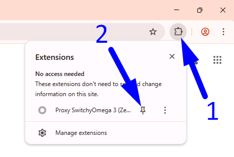 Passo 1 e 2 – Abrindo o menu Extensões e fixando o ZeroOmega na barra de ferramentas do Chrome