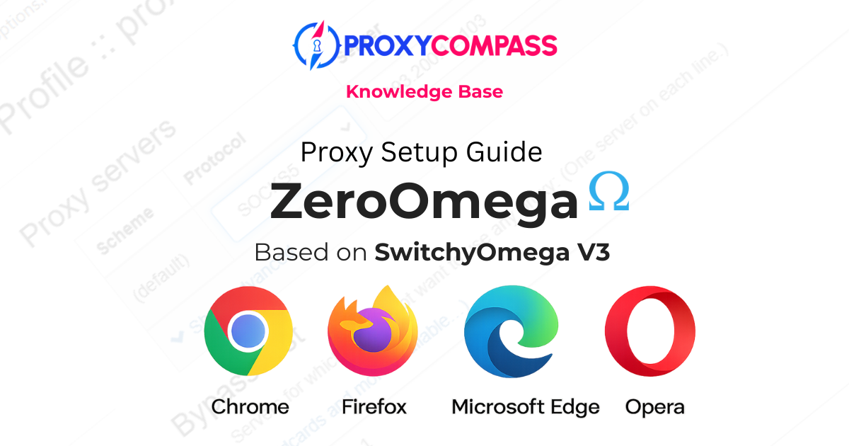 sobre a imagem para um guia de configuração de proxy intitulado "ZeroOmega" (baseado no SwitchyOmega V3), criado pela ProxyCompass. A imagem apresenta os logotipos dos navegadores Chrome, Firefox, Microsoft Edge e Opera na parte inferior, indicando compatibilidade. Um fundo desfocado com as configurações do servidor proxy é ligeiramente visível.