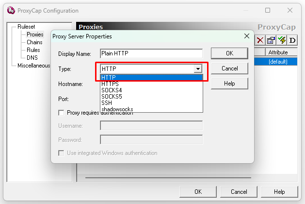 ProxyCap HTTP proxy kurulum penceresi