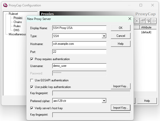 ProxyCap SSH proxy yapılandırma penceresi
