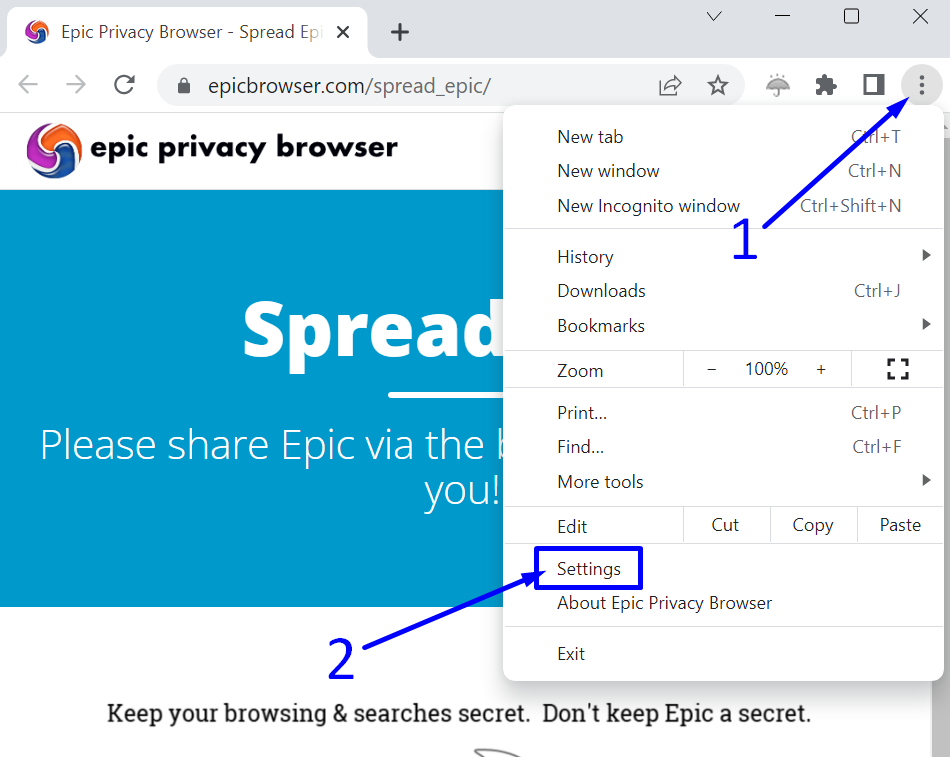 Abra as configurações do Epic Privacy Browser