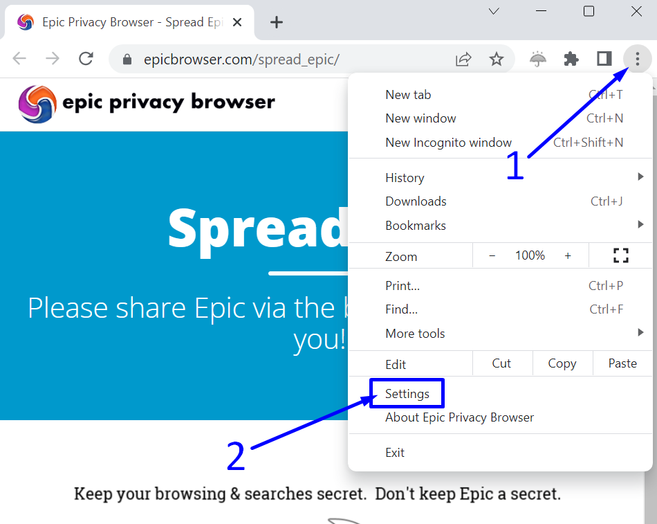 افتح إعدادات متصفح Epic Privacy Browser