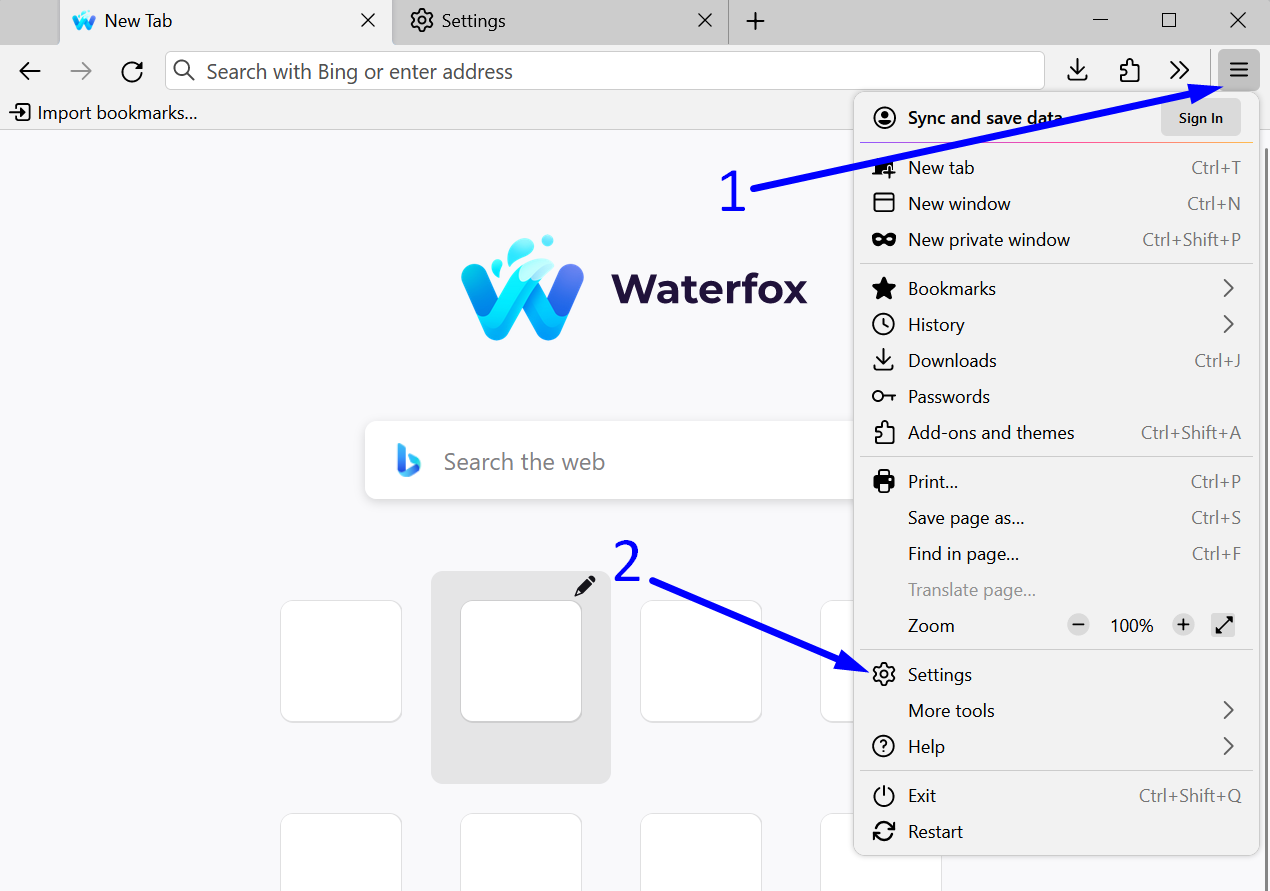 Beralih ke Pengaturan Waterfox