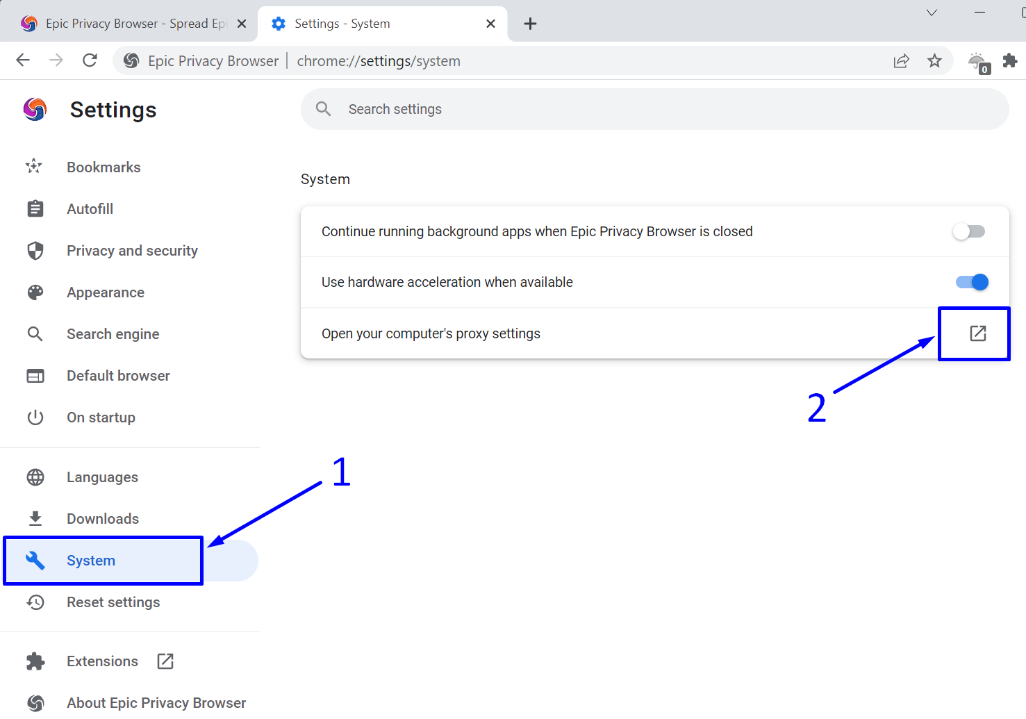 Privacidad de Epic Vaya a Configuración del sistema