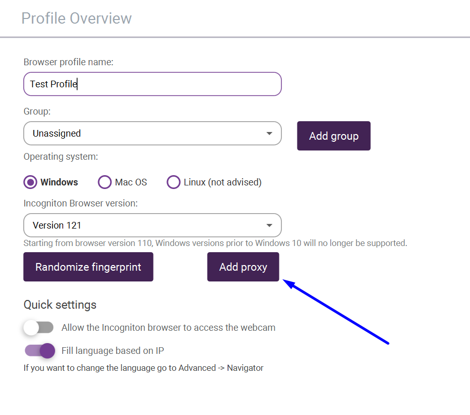 incógnição adicionar proxy