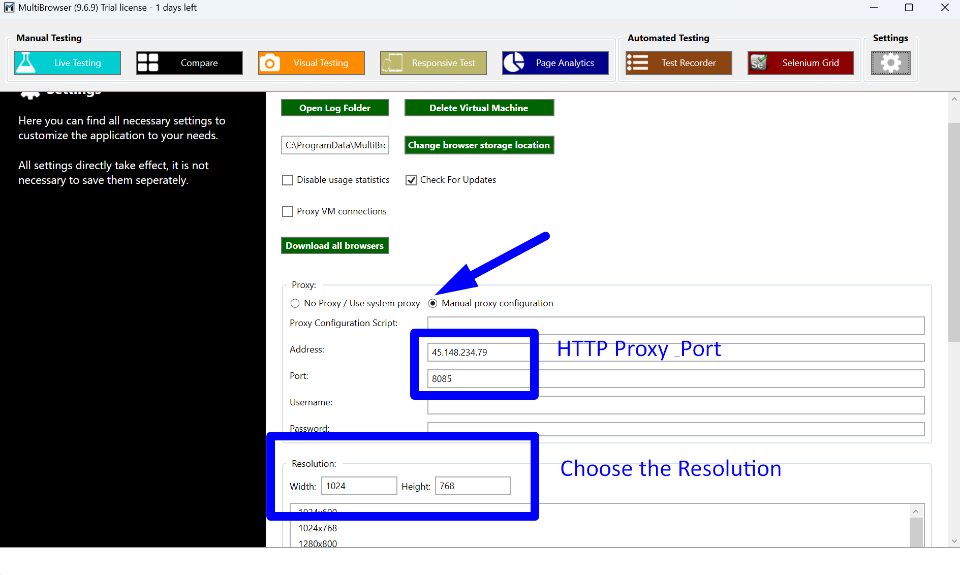 multibrowser enter proxy details and resolution