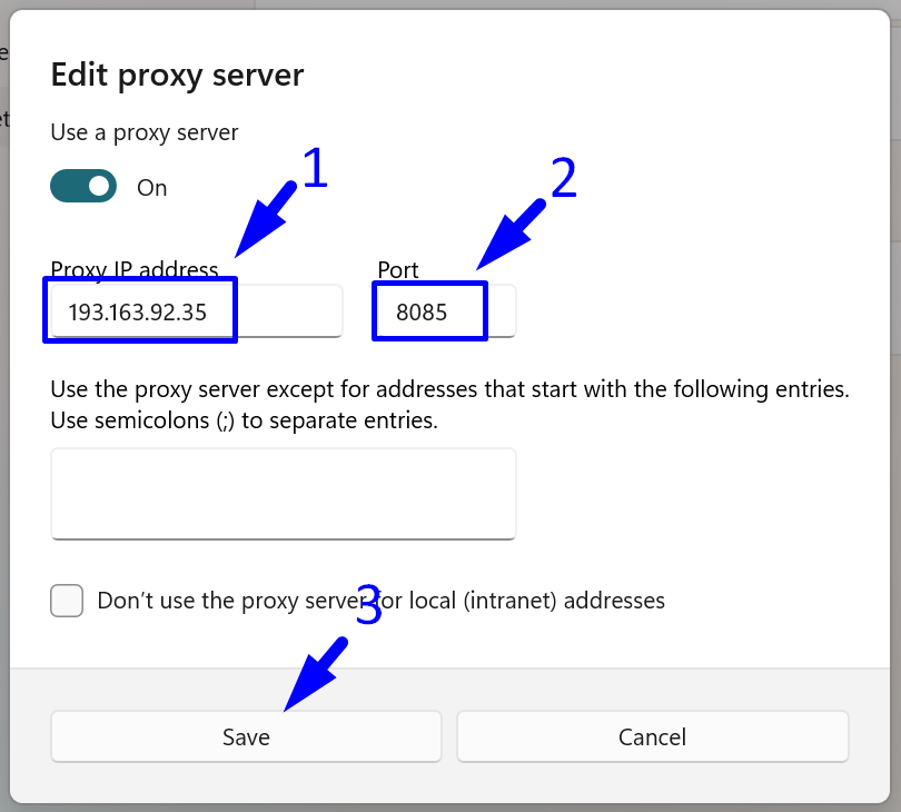 Ingrese los detalles del servidor proxy