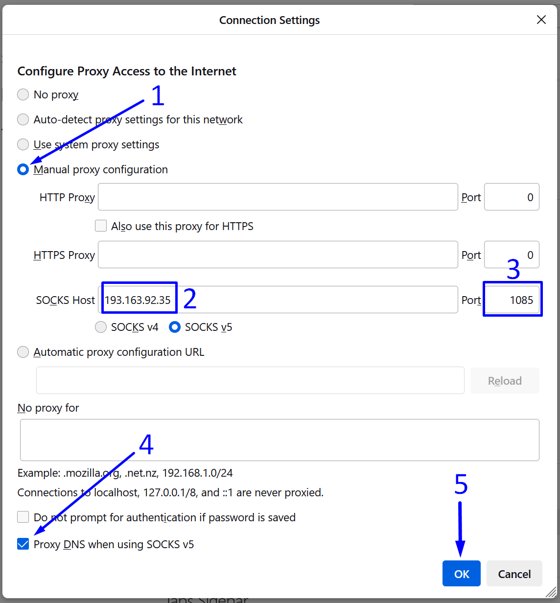 configurando o proxy Socks5 no Waterfox