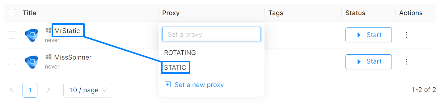 Octobrowser assegna un proxy statico
