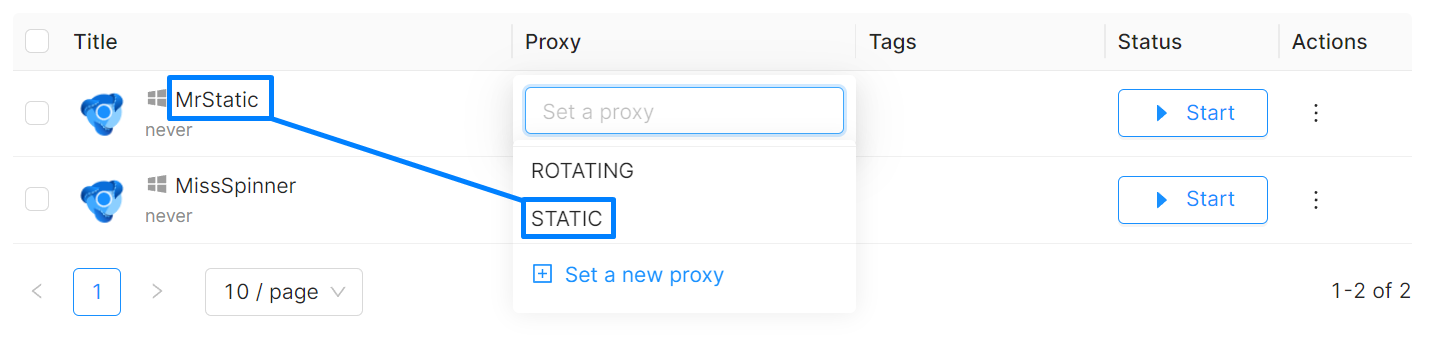 octobrowser attribue un proxy statique