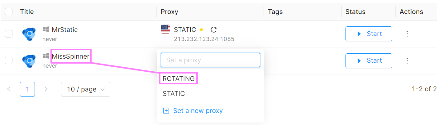 Octobrowser assegna un proxy a rotazione