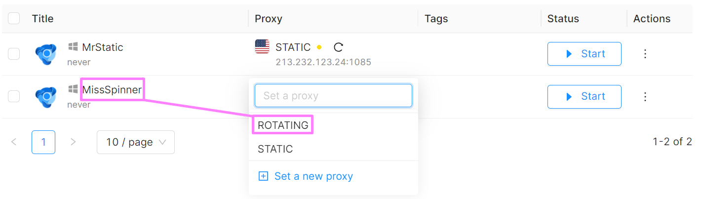 octobrowser는 회전 프록시를 할당합니다