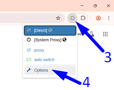 ステップ3と4 – ZeroOmegaアイコンをクリックしてオプションを選択する