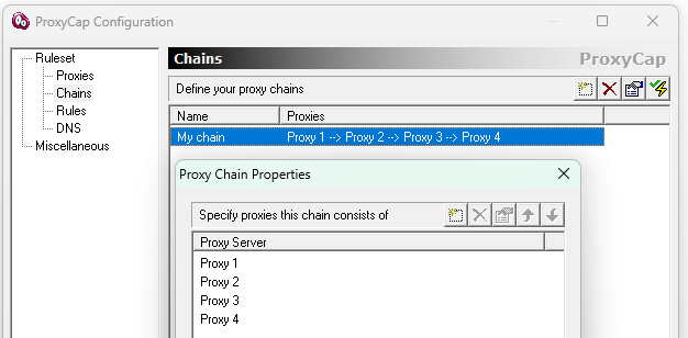 Конфигурация цепочки прокси ProxyCap